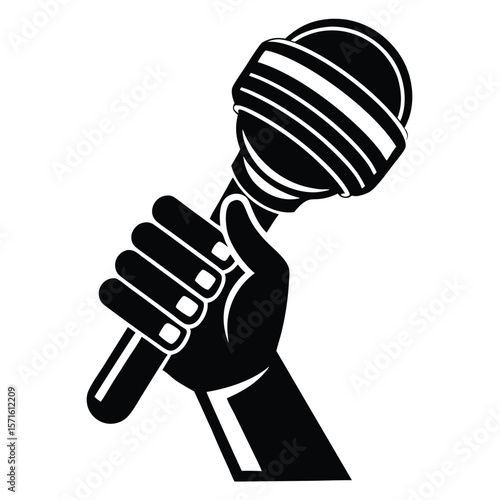 Black Hand Holding a Stylish, Round Microphone with Horizontal Lines Illustration