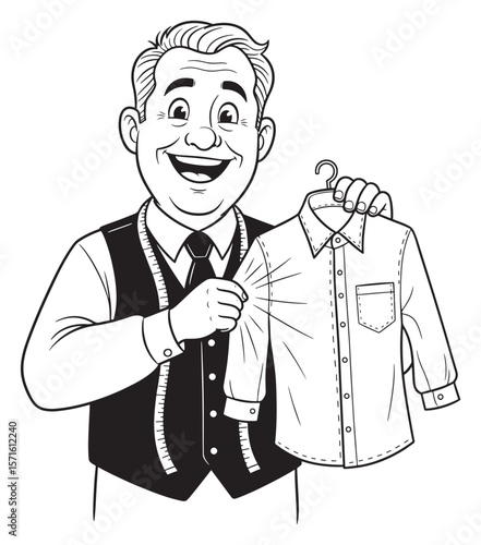 Smiling Tailor Holding Up Finished Shirt, Black and White Illustration