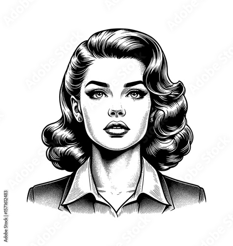 Elegant Woman Portrait in Black and White with Retro Hairstyle Wearing Suit with Neutral Expression