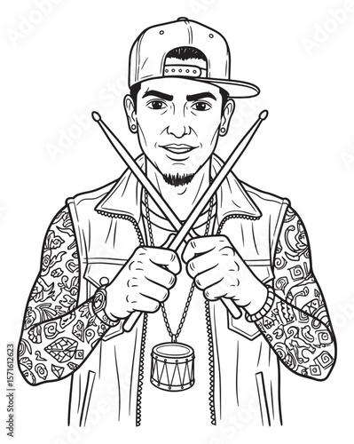 Black and White Illustration of a Male Drummer with Tattoos, Drumsticks, and a Baseball Cap