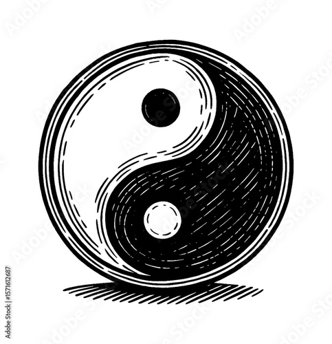 Monochrome Yin Yang Symbol Representing Balance Harmony Duality in Detailed Engraving Art Style
