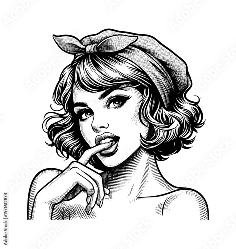 Attractive Caucasian Woman with Finger in Mouth Black and White Pinup Drawing