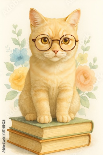 Wise Tabby Cat Wearing Glasses Among Flowers and Books