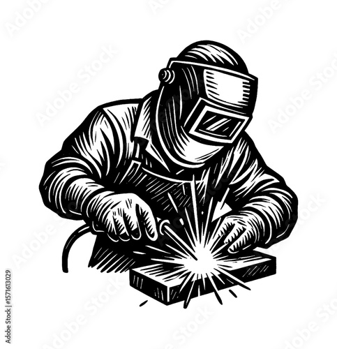 Welder in Protective Gear Welding Metal with Sparks in Black and White Engraving Style