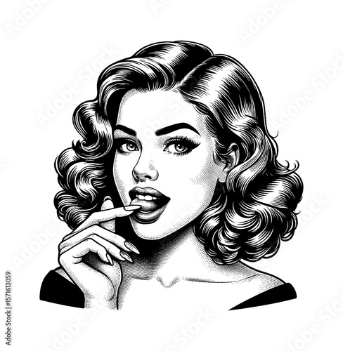 Engraved Portrait of a Flirty Woman with Finger in Mouth, Retro Styled Pinup Girl Illustration