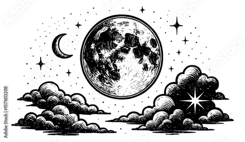 Engraved Illustration of Moon and Stars with Clouds in Black and White Style