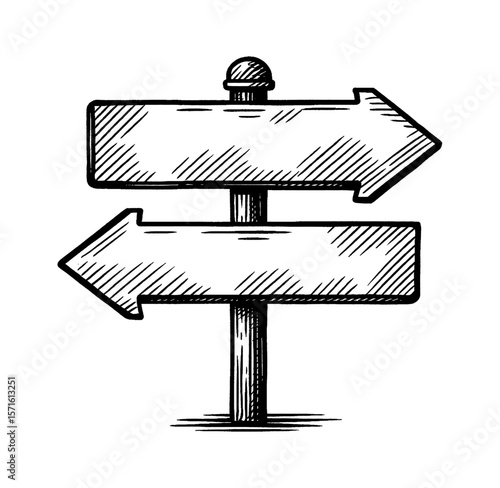 Hand Drawn Directional Sign Post with Arrows Pointing in Opposite Directions