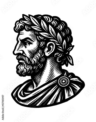 Engraved Portrait of Roman Emperor with Laurel Wreath in Detailed Black and White