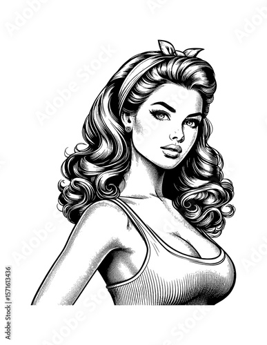 Beautiful Pinup Woman with Wavy Hair and Headband in Black and White Detailed Illustration