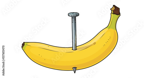 A banana with a nail piercing through its center, a simple illustration of a fruit and a tool.