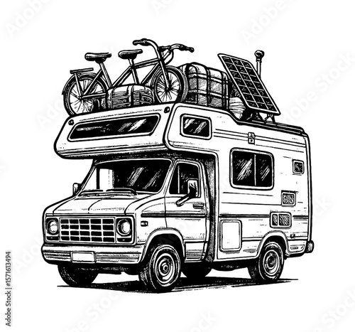 Illustration of Camper Van with Bicycle and Solar Panel on Top in Black and White