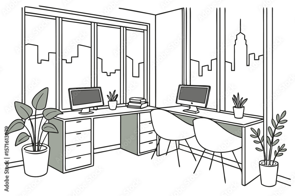 Line art of an office space with two desks, computers, plants, chairs, and a city view through windows Line art of an office space with two desks, computers, plants, chairs, and a city view through windows