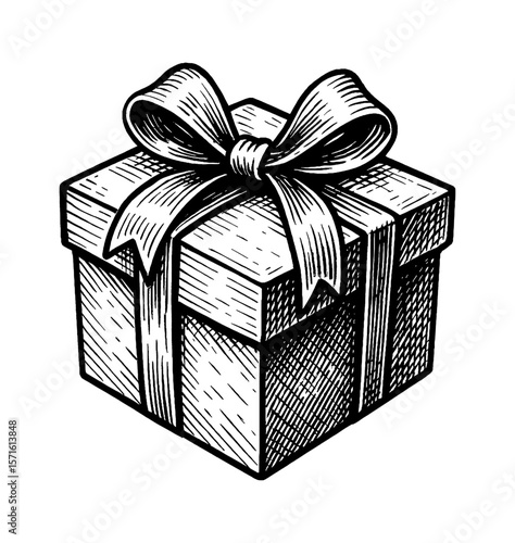 Engraved illustration of a gift box with ribbon in black and white, perfect for celebrations