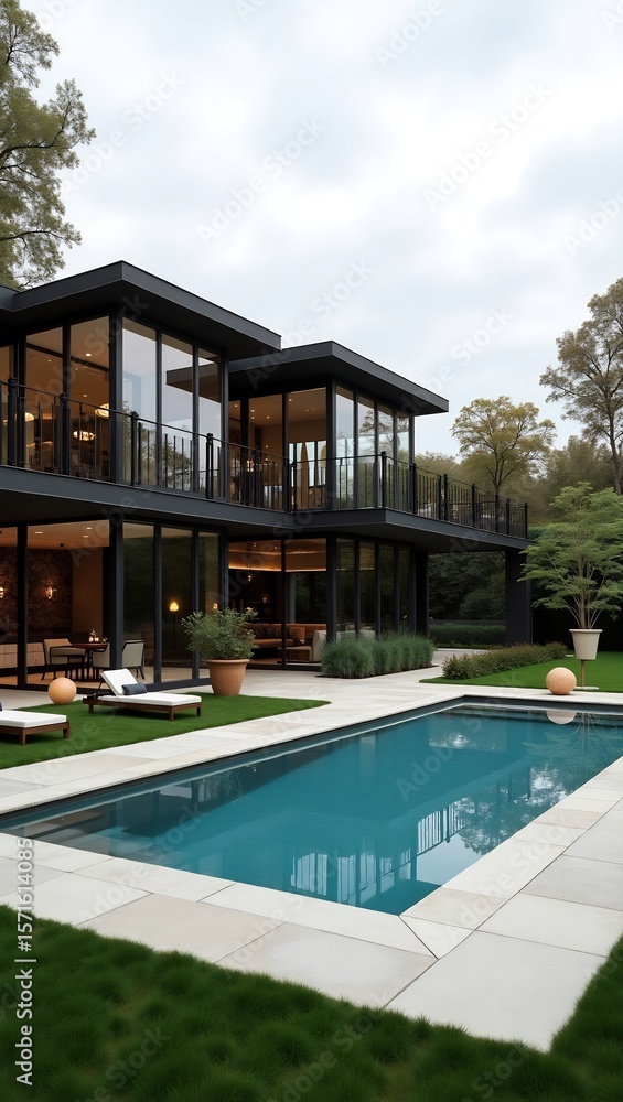 Modern upscale home featuring a spacious pool, patio, and green lawn. Modern upscale home featuring a spacious pool, patio, and green lawn.