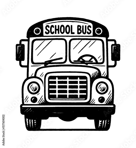 School bus front view illustration in black and white engraved drawing style for education theme