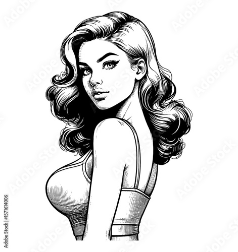 Portrait of a Sensual Pinup Woman with Wavy Hair Looking over Her Shoulder in Engraving Style