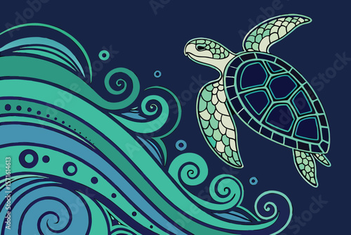 Sea turtle swimming near stylized waves in ocean with dark blue background and light green accents art