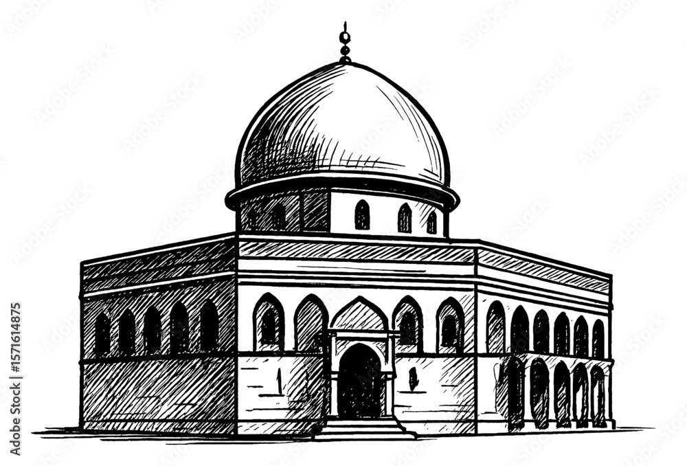 Obraz premium Detailed Line Art Drawing of Dome of the Rock in Jerusalem, Black and White Ink Sketch Style