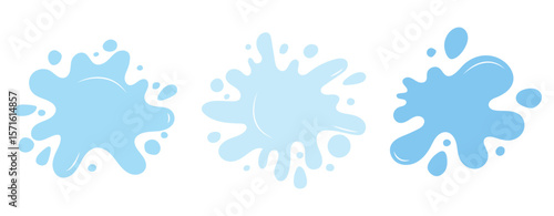 Splashes collection with uneven fluid wavy label. Blue water shapes set. Liquid watery graphic design elements, text backgrounds. Paint spot, blot, rain puddle, stain with drops, blobs for badge.