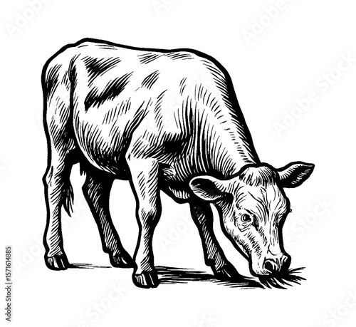 Cow Grazing in Black and White Detailed Engraving Style Illustration
