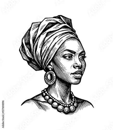 Elegant African Woman with Turban, Jewelry and Serene Expression in Detailed Black and White Engraving