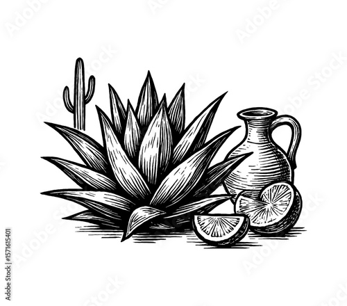 Engraved Agave Plant with Jar and Lime Slices in Black and White Detail