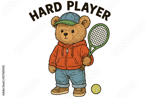 Cute bear dressed in a hoodie with a tennis racket in hand, ready to play tennis on a sunny day in a park