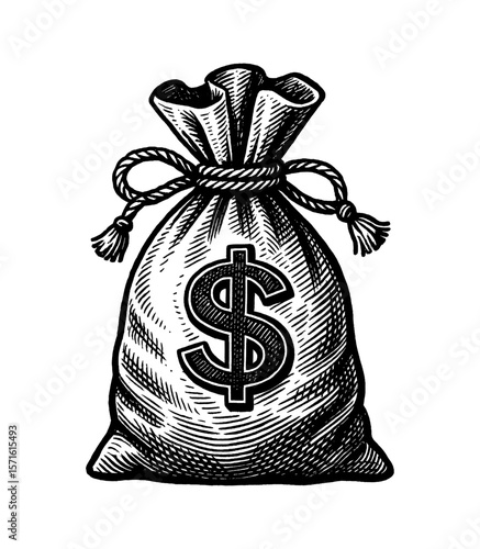 Engraved Money Bag with Dollar Sign, Vector Illustration of a Tied Sack