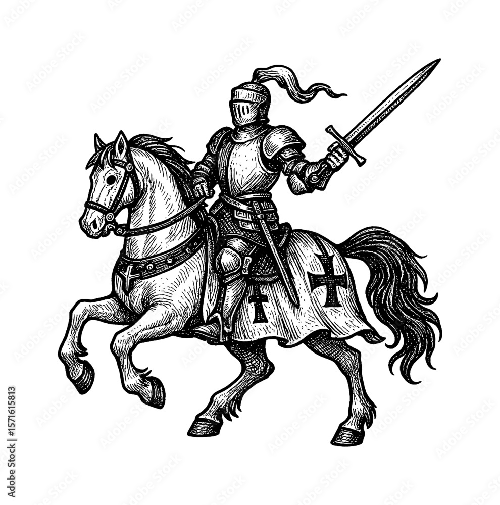Knight Riding Horse Raising Sword in Detailed Black and White Vintage Engraving Knight Riding Horse Raising Sword in Detailed Black and White Vintage Engraving