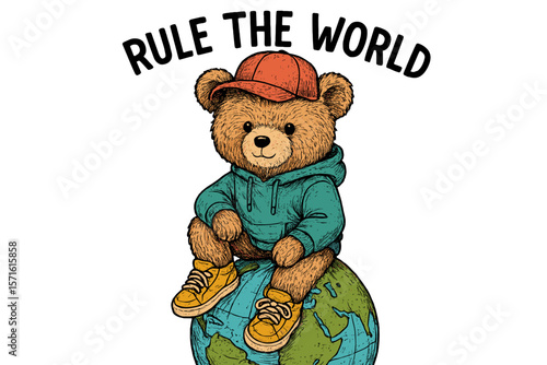 Cute bear character wearing a hoodie and cap sitting on a globe with the phrase rule the world in a playful design