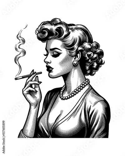 Elegant Woman Smoking Cigarette in Vintage Engraving Style with Pearl Necklace and Curly Hair