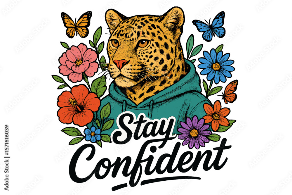 Naklejka premium Colorful leopard illustration with flowers and butterflies promoting confidence and self-assurance in artistic expression