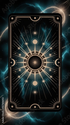 Mystic's Oracle: An elegant tarot card design, the back of which pulses with cosmic energy and celestial patterns, inviting viewers to explore the mysteries and delve into the realms of divination.