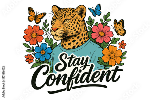 Colorful artwork featuring a leopard with flowers and butterflies, promoting a message of confidence and positivity