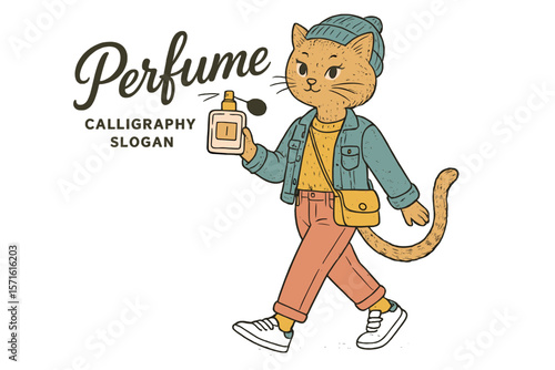 Cat character enjoys a stroll while carrying a perfume bottle in a stylish outfit