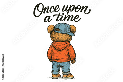 Cute bear in cap and hoodie looking nostalgic while standing alone with once upon a time text above