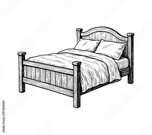 Detailed Line Art Illustration of a Wooden Bed with Pillows and Blanket on White Background