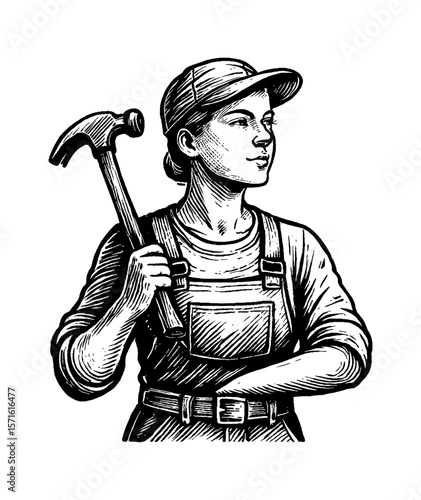 Illustration of a Caucasian Woman Worker Holding a Hammer and Looking Sideways