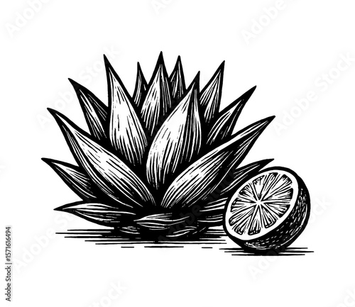 Agave Plant and Half Lemon in Detailed Black and White Engraving Style Illustration