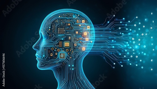 Artificial intelligence represented by a circuit board silhouette of a human head, Technological brain with connected digital lines