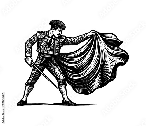 Engraving Style Illustration of Bullfighter Holding Cape and Sword with Traditional Outfit