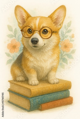 Adorable Corgi Puppy Wearing Glasses Sitting on Book Stack
