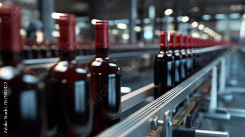 Bottles of red wine move on a conveyor belt in a factory. Automation in beverage production, winery manufacturing process line.
