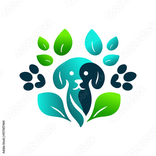 abstract logo featuring a dog with green leaves and paw prints, symbolizing eco-friendly pet care and nature harmony.