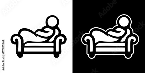 Minimalist icon illustration of a person reclining on a sofa, symbolizing relaxation