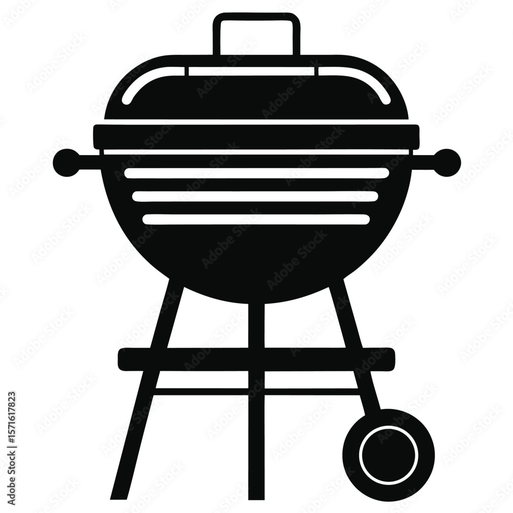 Isolated black silhouette illustration of a charcoal barbecue grill with lid and wheels Isolated black silhouette illustration of a charcoal barbecue grill with lid and wheels