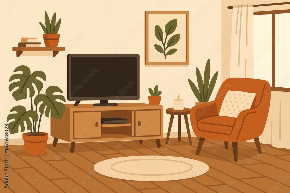 Fototapeta premium Cozy living room with armchair and television plants wooden floor
