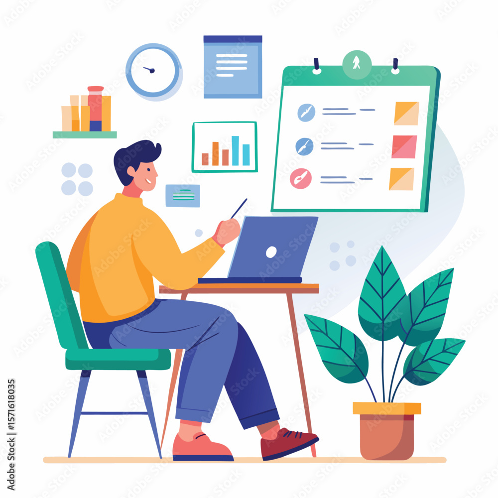 Modern illustration of a man working on laptop and managing tasks in office Modern illustration of a man working on laptop and managing tasks in office