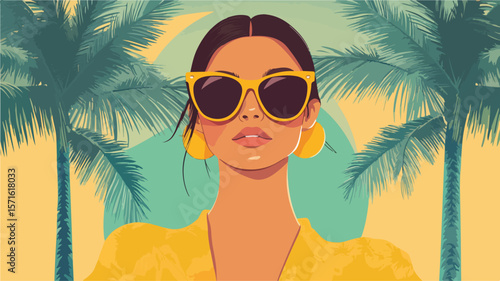 Stylish Woman in Sunglasses Behind a Palm Tree