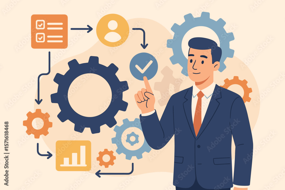 Business process management and workflow automation diagram with gears. Manager controlling an efficient business operation. Smart system for project productivity concept. Business process management and workflow automation diagram with gears. Manager controlling an efficient business operation. Smart system for project productivity concept.